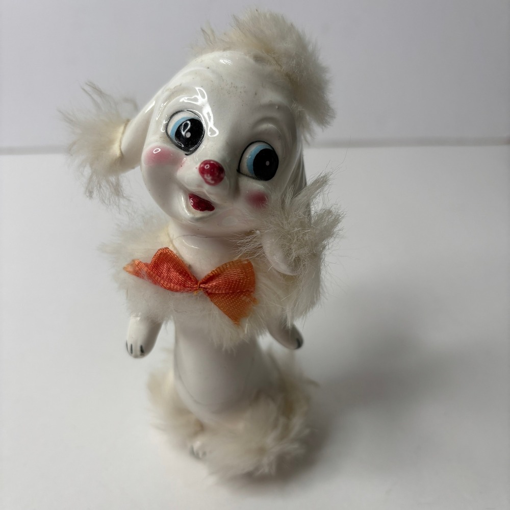 Vintage MCM White Ceramic Poodle Dog Figurine Faux Fur Trim 6" Kitschy *FLAWED